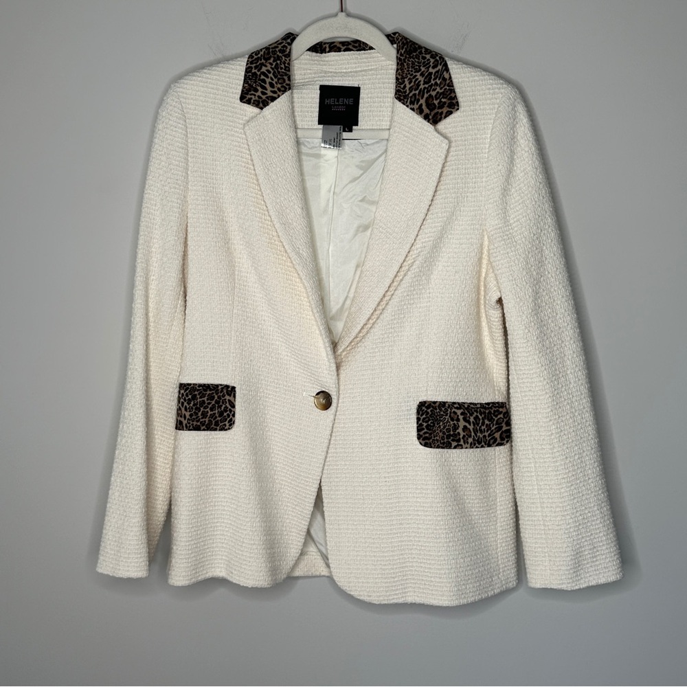 Helene Berman London Off White Blazer with Leopard Accents Size Large Preppy‎